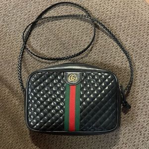 COPY - GUCCI Calfskin Web Trapuntata Small GG Shoulder Bag Black